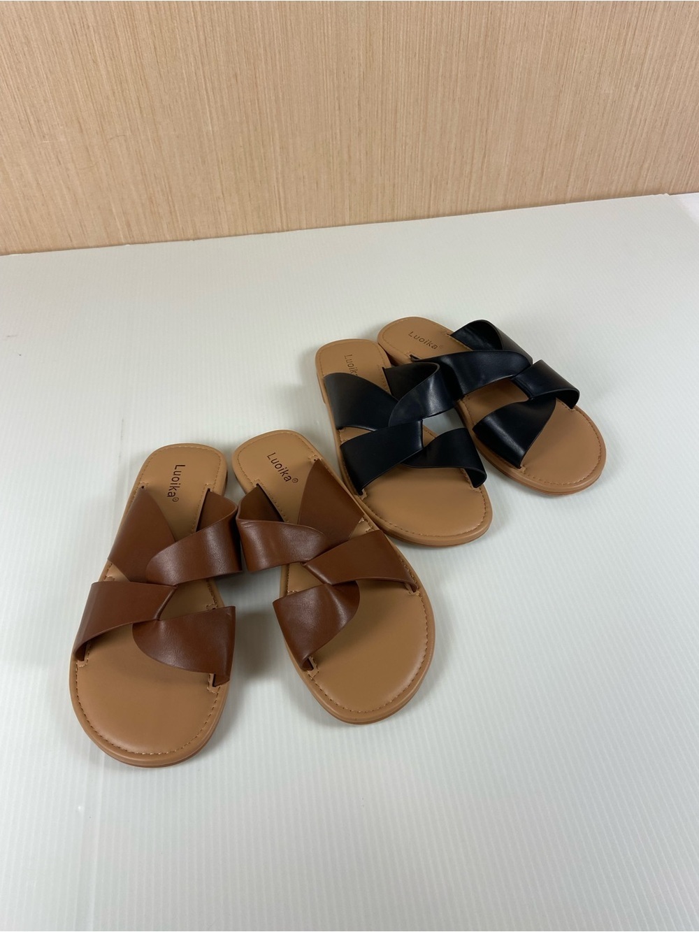 2 Pairs of Luoika Criss Cross Slide Sandals Size 7.5W Cognac Flat